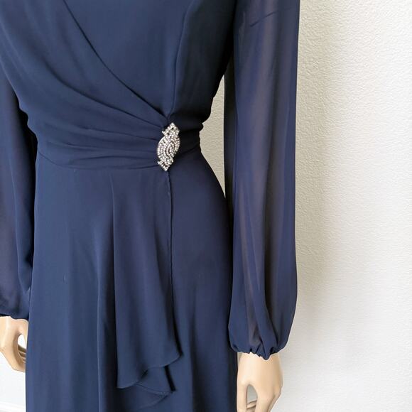 [Marina] Navy Blue Chiffon V-Neck Faux Wrap Brooch Balloon Sleeve Midi Dress 12 - Picture 5 of 11